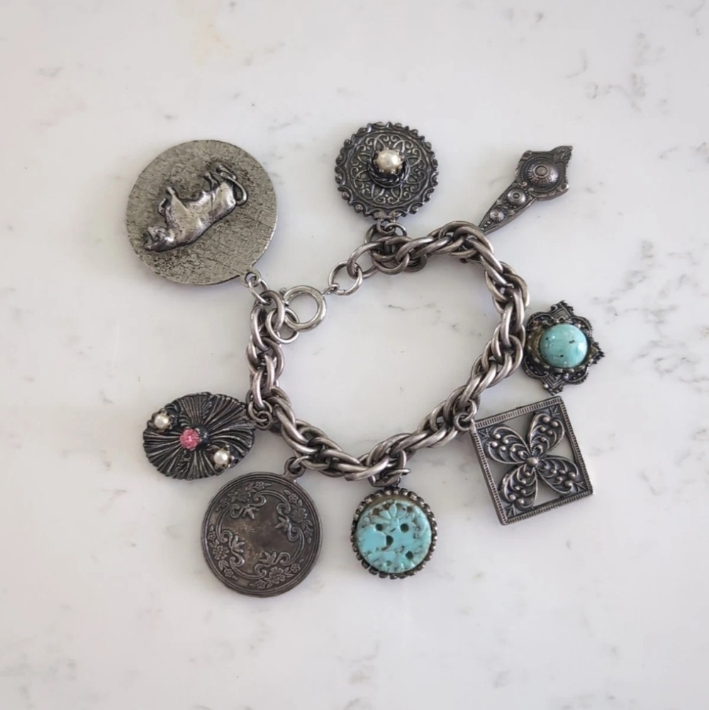 Vintage Southwestern Charm Bracelet Turquoise Concho Style Mixed Metal Western